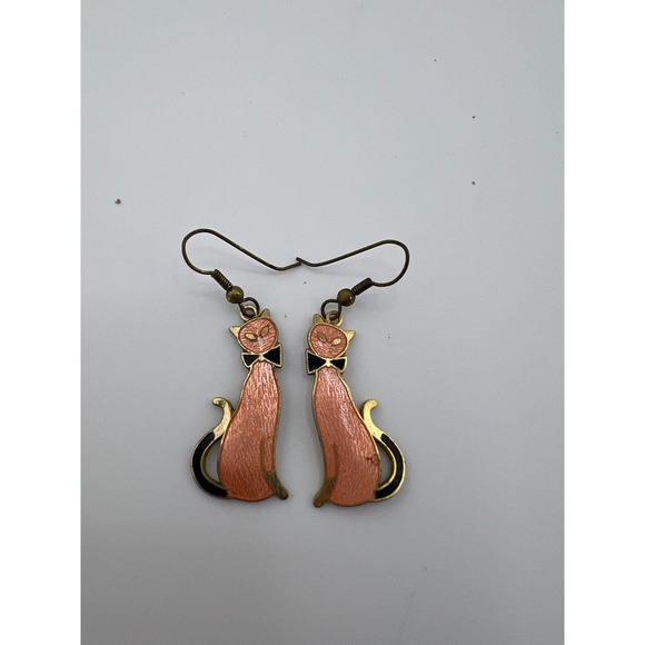 Women's Jewelry Pink Enamel & Gold-Tone Kitty Cat Long Dangle Hoop Earrings - Picture 1 of 4